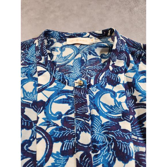 Tory Burch Button Up Tunic Top Womens Size 10 Blue Floral Geometric Wool Silk - Picture 7 of 14